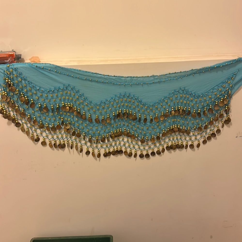 Belly Dancing Hip Skirt Scarf Belt with Dangling Coins Light Blue